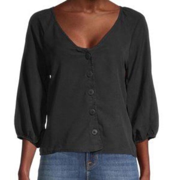 Sanctuary Mila Solid-Hued Black Lyocell Button Down Half Sleeve Top Size Medium - Picture 1 of 13